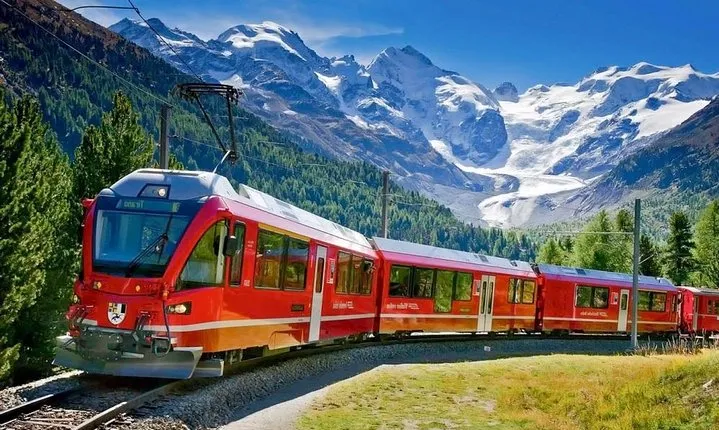 Bernina train and Swiss Alps. Departure from Desenzano